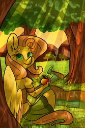 Size: 800x1200 | Tagged: safe, artist:ogaraorcynder, fluttershy, anthro, g4, apple, crepuscular rays, female, food, forest, river, sitting, solo, stream