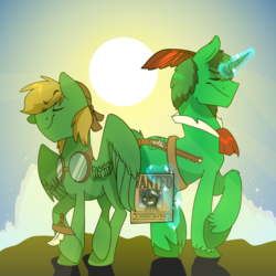 Size: 1280x1280 | Tagged: safe, artist:colorblaze, oc, oc only, oc:greenlight, oc:greensleeves, pegasus, pony, unicorn, dagger, goggles, gun, magic, pose, sunset, wanted poster, weapon