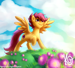 Size: 2896x2612 | Tagged: safe, artist:kgxspace, scootaloo, pegasus, pony, g4, cutie mark, female, flower, high res, mare, older, smiling, solo, the cmc's cutie marks