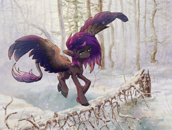 Size: 1841x1389 | Tagged: safe, artist:koviry, oc, oc only, oc:evening howler, pegasus, pony, forest, scenery, snow, snowfall, solo, winter
