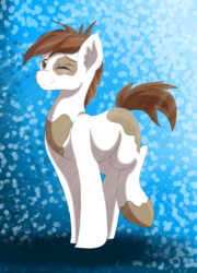 Size: 716x997 | Tagged: safe, artist:emberslament, artist:scarletsfeed, pipsqueak, earth pony, pony, g4, collaboration, ear fluff, happy, male, older, older pipsqueak, one eye closed, solo, squeakabetes, stallion, wink