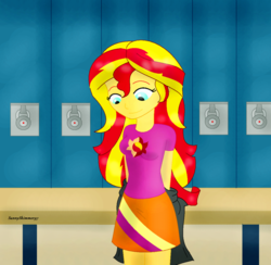 Size: 1024x998 | Tagged: safe, artist:a-r-i-a-1997, sunset shimmer, equestria girls, g4, my little pony equestria girls: friendship games, clothes, cute, female, lockers, shimmerbetes, solo