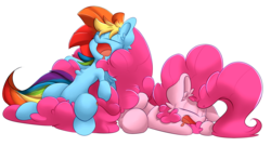 Size: 3000x1625 | Tagged: safe, artist:madacon, pinkie pie, rainbow dash, earth pony, pegasus, pony, g4, cuddling, cute, diapinkes, drool, duo, duo female, ear fluff, eyes closed, female, fluffy, impossibly large mane, impossibly large tail, long tail, mare, on back, open mouth, prone, simple background, sleeping, smiling, snoring, snuggling, tongue out, transparent background