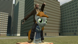 Size: 1280x720 | Tagged: safe, artist:greggwikii, oc, oc only, oc:littlepip, human, pony, unicorn, fallout equestria, 3d, clothes, fanfic, fanfic art, female, gmod, grand theft auto, gta iv, horn, jumpsuit, mare, niko bellic, pipbuck, vault suit, video game