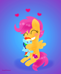 Size: 836x1019 | Tagged: dead source, safe, artist:a-r-i-a-1997, rainbow dash, scootaloo, g4, female, heart, plushie, rainbow dash plushie, scootalove, solo