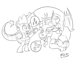 Size: 1200x935 | Tagged: safe, artist:tsitra360, discord, spike, draconequus, dragon, g4, black and white, chat, cutie mark, duo, duo male, grayscale, implied fluttershy, implied rarity, lineart, male, monochrome, open mouth, pictogram, simple background, smiling, teacup, white background