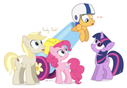 Size: 1120x780 | Tagged: safe, artist:dm29, flash sentry, pinkie pie, twilight sparkle, oc, oc:colin nary, alicorn, pony, g4, female, hard hat, hat, helmet, mare, party cannon, pony cannonball, pun, simple background, this will end in tears, transparent background, twilight sparkle (alicorn)