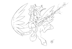 Size: 1200x824 | Tagged: safe, artist:tsitra360, pegasus, pony, g4, black and white, flying, grayscale, large wings, lineart, male, night guard, simple background, smiling, solo, spear, weapon, white background