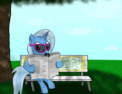 Size: 3300x2550 | Tagged: safe, artist:lifesharbinger, trixie, pony, unicorn, g4, bench, disguise, female, high res, mare, newspaper, paper-thin disguise, solo, sunglasses, tree