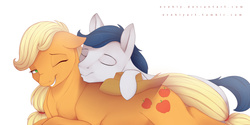 Size: 1000x500 | Tagged: safe, artist:evehly, applejack, oc, oc:constance everheart, earth pony, pony, g4, canon x oc, earth pony oc, everjack, eyes closed, female, grin, kissing, male, mare, one eye closed, shipping, simple background, smiling, snuggling, stallion, straight, white background