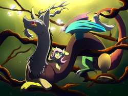 Size: 1600x1200 | Tagged: safe, artist:spacekut, discord, fluttershy, butterfly, draconequus, pegasus, pony, g4, duo, female, forest, looking at something, looking up, mare, open mouth, open smile, outdoors, smiling, spread wings, tongue out, tree branch, wings