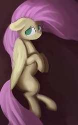 Size: 816x1316 | Tagged: safe, artist:yoditax, fluttershy, pegasus, pony, g4, aside glance, female, floppy ears, folded wings, high angle, hooves to the chest, looking at you, looking up, looking up at you, lying down, mare, missing cutie mark, no pupils, on side, solo, wings