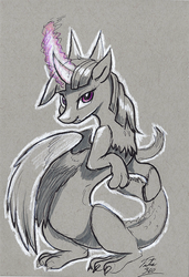 Size: 614x900 | Tagged: safe, artist:tsitra360, twilight sparkle, draconequus, g4, draconequified, female, glowing horn, gray background, grayscale, horn, looking at you, monochrome, simple background, solo, species swap, traditional art, twikonequus