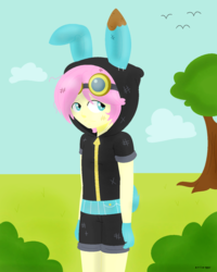 Size: 1024x1282 | Tagged: safe, artist:a-r-i-a-1997, fluttershy, equestria girls, g4, adorascotch, bunny ears, butterscotch, clothes, costume, cute, dangerous mission outfit, equestria guys, femboy, goggles, hoodie, looking at you, male, rule 63, rule63betes, solo, trap