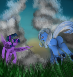 Size: 1900x2000 | Tagged: safe, artist:candytheevil, trixie, twilight sparkle, alicorn, pony, g4, butt, cloud, female, field, fight, mare, perspective, plot, sky, the great and powerful ass, twilight sparkle (alicorn)