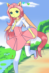 Size: 800x1200 | Tagged: safe, artist:drantyno, fluttershy, butterfly, anthro, g4, clothes, dress, female, running, shoes, skirt, socks, solo, stockings, thigh highs, zettai ryouiki