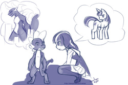 Size: 1024x683 | Tagged: safe, artist:drantyno, spike, twilight sparkle, dragon, human, pony, unicorn, g4, clothes, conversation, crouching, cute, discussion, dream, female, humanized, male, mare, monochrome, pleated skirt, rampage, shoes, sketchy, skirt, socks, thigh highs, unicorn twilight, zettai ryouiki