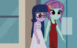 Size: 1600x1000 | Tagged: safe, artist:bootsyslickmane, sci-twi, sunny flare, twilight sparkle, fanfic:the shadowbolts adventures, equestria girls, g4, my little pony equestria girls: friendship games, alternate clothes, alternate hairstyle, city, clothes, cutie mark, dress, duo, earring, easter egg, fanfic, fanfic art, glasses, loose hair, piercing, shipping, smiling, twiflare