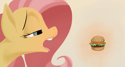 Size: 5200x2800 | Tagged: safe, artist:docwario, fluttershy, pony, g4, burger, female, food, hamburger, interactive, lidded eyes, open mouth, profile, simple background, solo