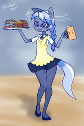 Size: 800x1200 | Tagged: safe, artist:drantyno, silver spoon, anthro, g4, braid, burger, clothes, dress, female, food, french fries, glasses, hamburger, maid, ponytail, shoes, skirt, solo, surprised