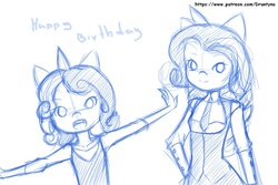 Size: 1024x683 | Tagged: safe, artist:drantyno, rarity, sweetie belle, anthro, g4, birthday, clothes, cute, happy birthday, horn, horned humanization, humanized, looking at you, monochrome, open mouth, sketch, smiling