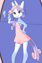 Size: 800x1200 | Tagged: safe, artist:drantyno, sweetie belle, anthro, g4, clothes, cute, dress, female, looking at you, peace sign, smiling, solo