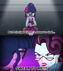 Size: 595x669 | Tagged: safe, edit, screencap, principal abacus cinch, sci-twi, twilight sparkle, equestria girls, g4, my little pony equestria girls: friendship games, batman begins, glasses, screencap comic, swearing