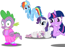 Size: 3393x2475 | Tagged: safe, artist:spellboundcanvas, rainbow dash, rarity, spike, sweetie belle, twilight sparkle, dragon, pegasus, pony, unicorn, g4, belly, clothes, confused, crossdressing, dress, embarrassed, high res, laughing, simple background, transparent background, unicorn twilight, vector