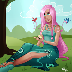 Size: 1000x1000 | Tagged: safe, artist:emberfan11, fluttershy, bird, butterfly, human, g4, alternate hairstyle, clothes, dark skin, dress, female, humanized, jewelry, necklace, solo