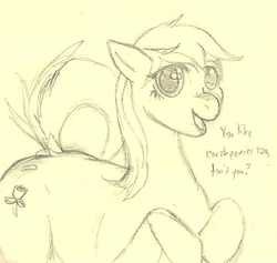 Size: 594x562 | Tagged: safe, artist:tacodeltaco, roseluck, earth pony, pony, g4, dialogue, looking at you, monochrome, traditional art