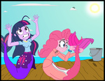 Size: 2892x2230 | Tagged: safe, artist:physicrodrigo, part of a set, pinkie pie, twilight sparkle, angler fish, mermaid, series:equestria mermaids, equestria girls, g4, ariel, bucket, clothes, cosplay, costume, dr. wily, dress, high res, mermaidized, necklace, ocean, part of a series, pier, species swap, story included, the little mermaid, torn clothes, transformation, when you see it