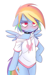 Size: 759x1024 | Tagged: safe, artist:hoodie, edit, rainbow dash, pony, semi-anthro, g4, bipedal, blushing, clothes, collar, cutie mark, female, floppy ears, heart, hoodie, off shoulder, pajamas, rainbow dash always dresses in style, shirt, simple background, sleepy, solo, transparent background
