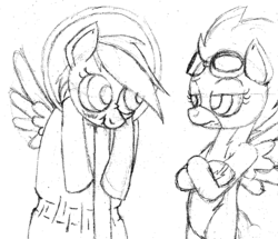Size: 1016x874 | Tagged: safe, artist:adlaz, rainbow dash, spitfire, series:tube dash, g4, impossible fit, monochrome, object stuffing, object vore, scrunchy face, tight belly, tight bulge, traditional art, unamused