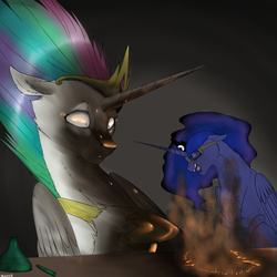 Size: 3500x3500 | Tagged: safe, artist:backlash91, princess celestia, princess luna, alicorn, pony, g4, explosion, eyes closed, goggles, high res, laughing, prank, soot, wide eyes