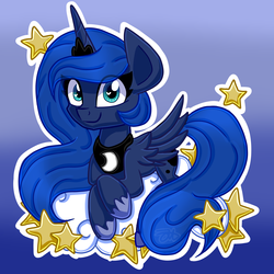 Size: 4512x4512 | Tagged: safe, artist:partypievt, princess luna, alicorn, pony, g4, absurd resolution, cel shading, chibi, cloud, cute, female, looking at you, lunabetes, simple background, solo, stars, wingding eyes