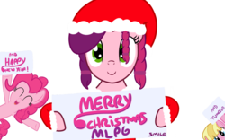Size: 1280x800 | Tagged: safe, artist:smile, meadow flower, pinkie pie, oc, oc:marker pony, earth pony, pegasus, pony, g4, 4chan, ^^, christmas, eyes closed, female, mare, mlpg, simple background, transparent background