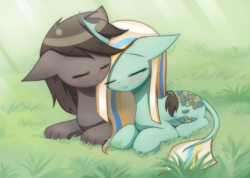 Size: 1209x860 | Tagged: safe, artist:howxu, oc, oc only, oc:hex, oc:prowl, original species, cute, duo, eyes closed, grass, nuzzling