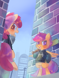 Size: 1024x1341 | Tagged: safe, alternate version, artist:astrofiziks, apple bloom, scootaloo, earth pony, pegasus, pony, g4, alley, baseball bat, bipedal, city, clothes, duo, female, filly, foal, hoodie, japanese, looking at you, open mouth, oppai hoodie, weapon