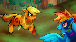 Size: 1280x704 | Tagged: safe, artist:cherivinca, applejack, rainbow dash, g4, accessory theft, angry, duo, forest, grass, hat, rainbow dash always dresses in style, tree