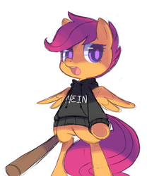 Size: 519x623 | Tagged: safe, artist:astrofiziks, scootaloo, pony, g4, baseball bat, bipedal, clothes, female, german, hoodie, looking at you, nein, open mouth, simple background, solo, weapon, white background, wip