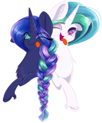 Size: 880x1065 | Tagged: dead source, safe, artist:banoodle, princess celestia, princess luna, alicorn, pony, g4, braid, bust, chest fluff, duo, female, intertwined manes, mare, silly, silly pony, simple background, sisters, tongue out, transparent background, unshorn fetlocks, wink
