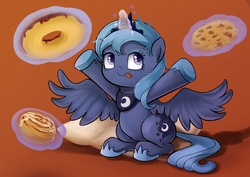 Size: 4092x2893 | Tagged: safe, artist:bronyraimu, princess luna, alicorn, pony, g4, bread, bun (food), cinnamon bun, cookie, donut, female, filly, food, magic, solo, telekinesis, tongue out, woona