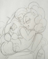 Size: 523x651 | Tagged: dead source, safe, artist:gingerthefox, minuette, pinkie pie, earth pony, pony, unicorn, g4, breathplay, duo, laughing gas, monochrome, sketch, traditional art