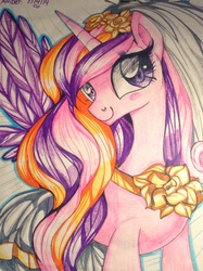 Size: 1024x1371 | Tagged: dead source, safe, artist:suzuii, princess cadance, g4, blushing, clothes, dress, female, smiling, solo, spread wings, traditional art