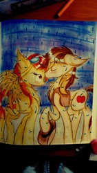 Size: 670x1191 | Tagged: safe, artist:snowshine5, braeburn, spitfire, g4, female, hatless, male, missing accessory, rain, shipping, spitburn, straight, traditional art