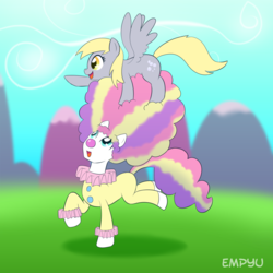 Size: 1000x1000 | Tagged: safe, artist:empyu, derpy hooves, pegasus, pony, g4, clown, duo, female, mare
