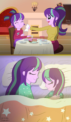 Size: 3136x5393 | Tagged: safe, artist:sumin6301, part of a set, starlight glimmer, equestria girls, g4, adopted offspring, alternate hairstyle, dinner, double the glimmer, duo, glimmerdoption, good end, heartwarming, loose hair, mama starlight, parent, parent:starlight glimmer, self adoption, self paradox, sleeping, starlight the match girl, this will end in timeline distortion, time paradox, younger