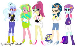 Size: 1024x644 | Tagged: safe, artist:wolfywoods-17, indigo zap, lemon zest, sour sweet, sugarcoat, sunny flare, equestria girls, g4, my little pony equestria girls: friendship games, alternate clothes, alternate universe, ponytail, shadow five, trip