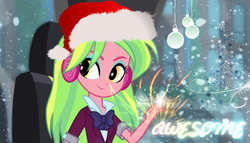 Size: 1024x584 | Tagged: safe, artist:wolfywoods-17, lemon zest, equestria girls, g4, christmas, hat, headphones, magical girl, santa hat, sparks