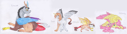 Size: 15000x4032 | Tagged: safe, artist:dawn22eagle, discord, fluttershy, oc, oc:flitterwick, oc:swan, alicorn, draconequus, hybrid, original species, pegasus, pony, g4, absurd resolution, alicorn oc, bat wings, cloven hooves, colored hooves, colored wings, colored wingtips, crooked horn, family, female, headcanon, horn, interspecies offspring, male, next generation, nudity, offspring, parent:discord, parent:fluttershy, parents:discoshy, sheath, ship:discoshy, shipping, straight, tail feathers, traditional art, wings